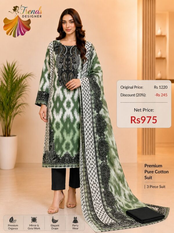 Green and White Pure Jam Cotton Karachi Print Suit with Cotton Dupatta & Rayon Bottom