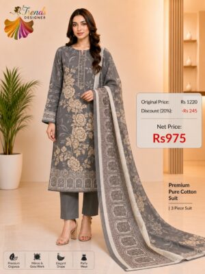 Grey Pure Jam Cotton Karachi Print Suit with Cotton Dupatta & Rayon Bottom