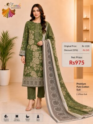 Green Pure Jam Cotton Karachi Print Suit with Cotton Dupatta & Rayon Bottom