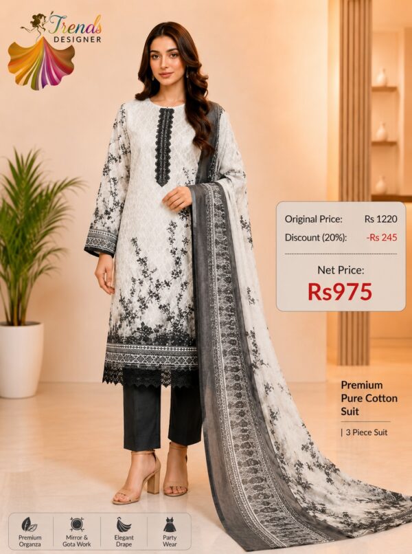 White Pure Jam Cotton Karachi Print Suit with Cotton Dupatta & Rayon Bottom