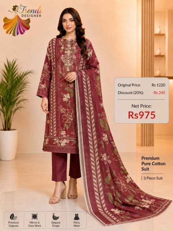 Maroon Pure Jam Cotton Karachi Print Suit with Cotton Dupatta & Rayon Bottom