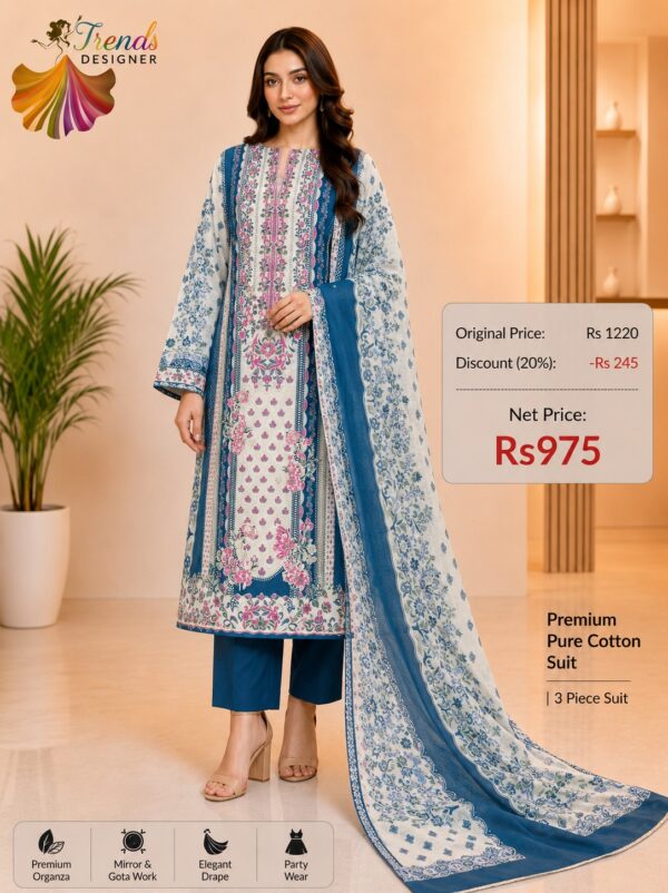 Teal Blue and White Pure Jam Cotton Karachi Print Suit with Cotton Dupatta & Rayon Bottom