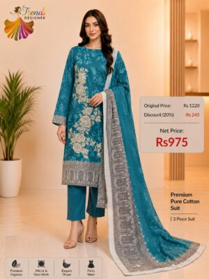 Peacock Teal Pure Jam Cotton Karachi Print Suit with Cotton Dupatta & Rayon Bottom