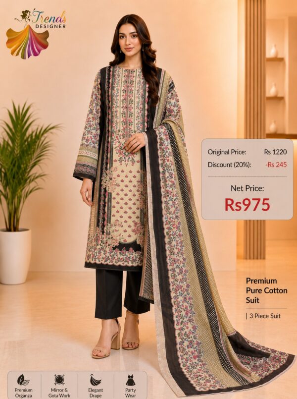 Cream and Black Pure Jam Cotton Karachi Print Suit with Cotton Dupatta & Rayon Bottom