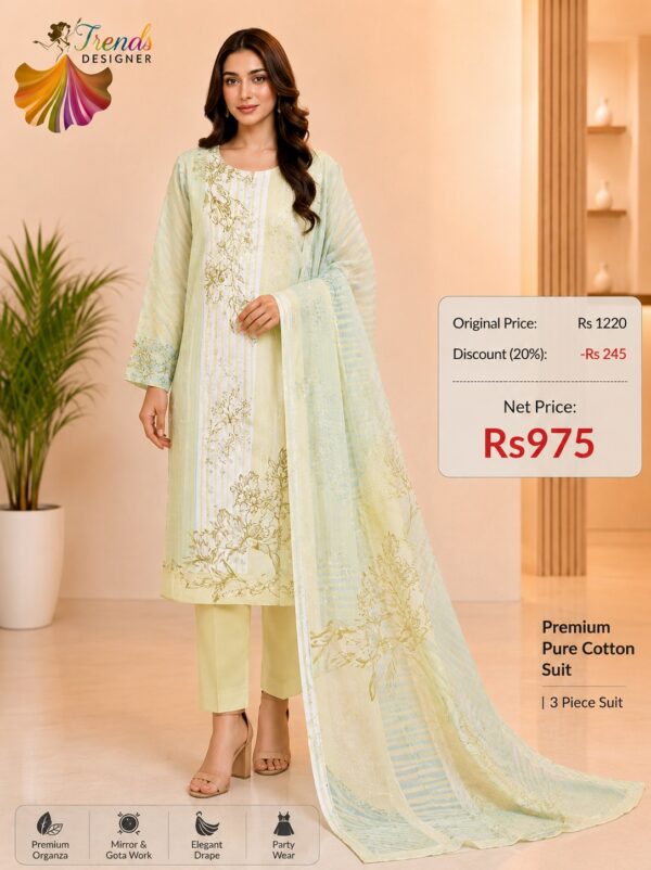 Pale Lemon Pure Jam Cotton Karachi Print Suit with Cotton Dupatta & Rayon Bottom