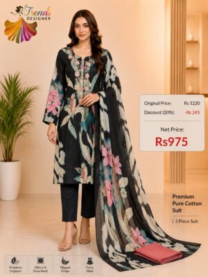Black Pure Jam Cotton Karachi Print Suit with Cotton Dupatta & Rayon Bottom