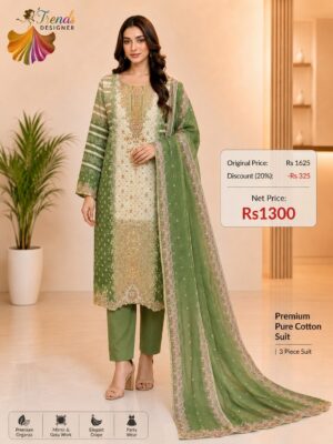 Mint Green Ready-Made Jaam Cotton Embroidered Suit Set with Printed Dupatta