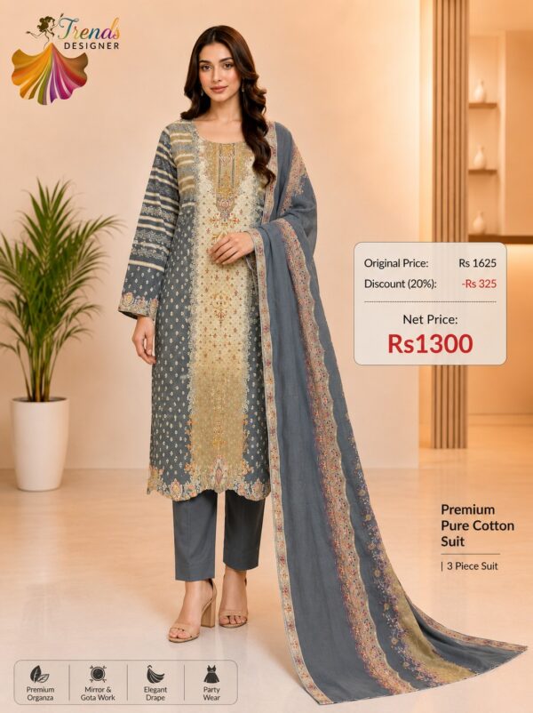 Grey with Cream Ready-Made Jaam Cotton Embroidered Suit Set with Printed Dupatta