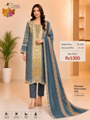 Teal Blue with Cream Ready-Made Jaam Cotton Embroidered Suit Set with Printed Dupatta