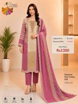 Rani Pink with Cream Ready-Made Jaam Cotton Embroidered Suit Set with Printed Dupatta