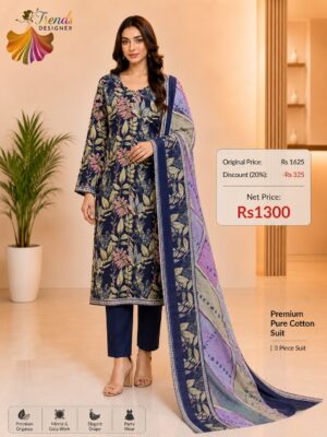 Navy Blue Ready-Made Jaam Cotton Embroidered Suit Set with Printed Dupatta