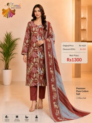 Red Ready-Made Jaam Cotton Embroidered Suit Set with Printed Dupatta