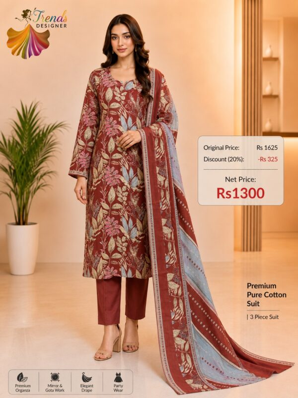 Red Ready-Made Jaam Cotton Embroidered Suit Set with Printed Dupatta