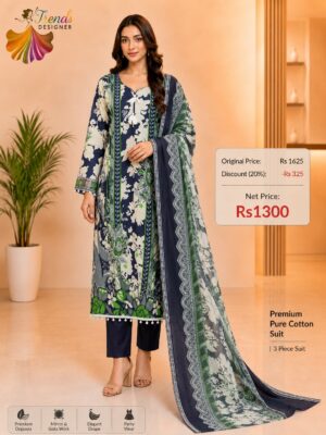 Midnight Blue Ready-Made Jaam Cotton Embroidered Suit Set with Printed Dupatta