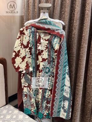 Maroon with Cream Ready-Made Jaam Cotton Embroidered Suit Set with Printed Dupatta