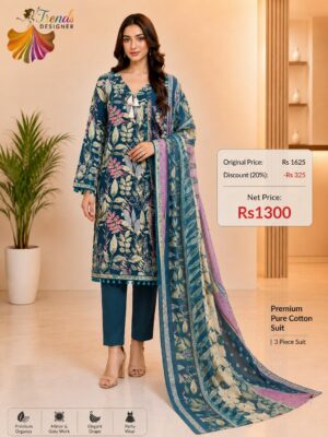 Teal Blue Ready-Made Jaam Cotton Embroidered Suit Set with Printed Dupatta