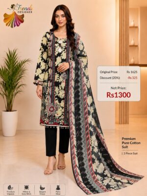 Black with Cream Ready-Made Jaam Cotton Embroidered Suit Set with Printed Dupatta