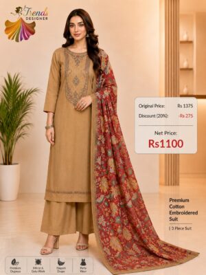 Brown Pakistani Style Pure Jaam Embroidered Dress with Box Pallu Dupatta
