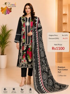 Black White and Pink Ready-Made Printed Cotton Suit Set with Dupatta