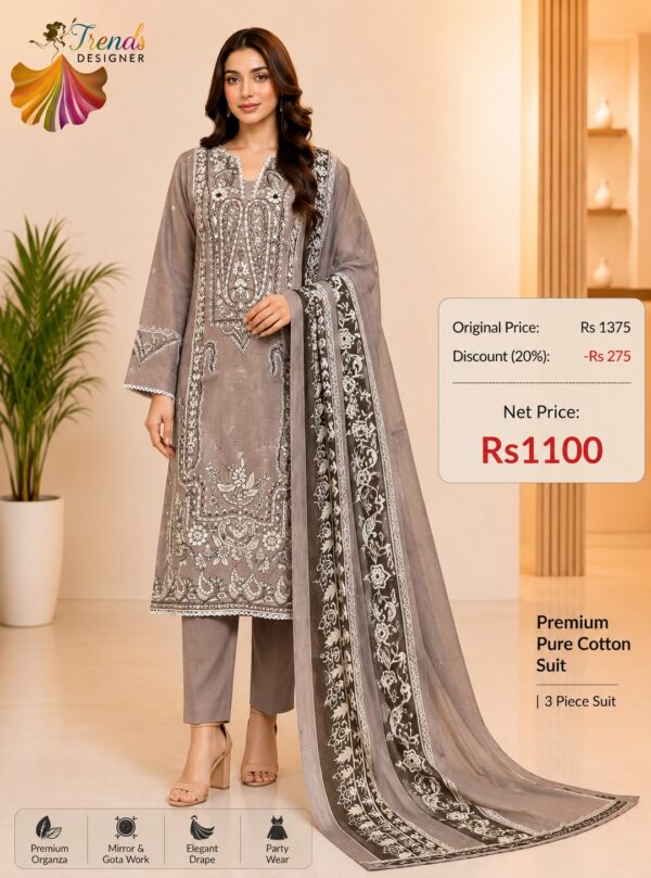 Brown Ready-Made Printed Cotton Suit Set with Dupatta