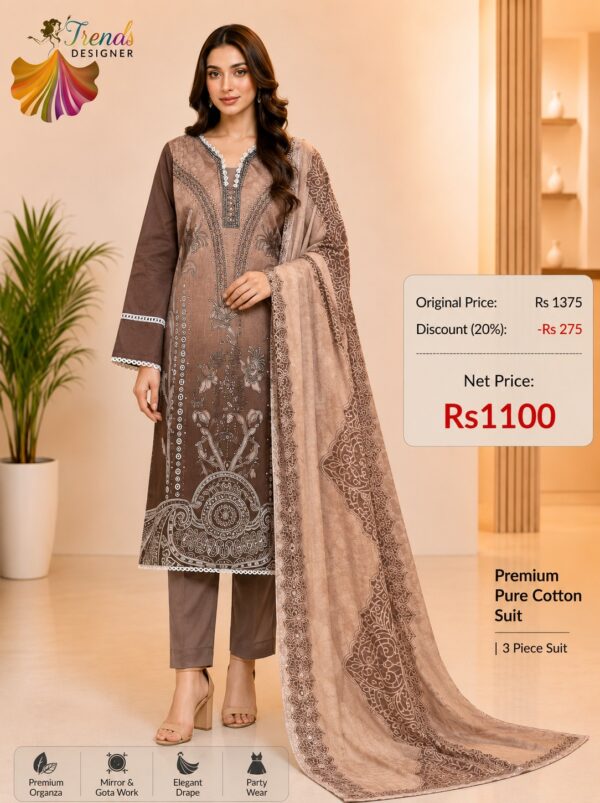Coffee Brown Ready-Made Printed Cotton Suit Set with Dupatta