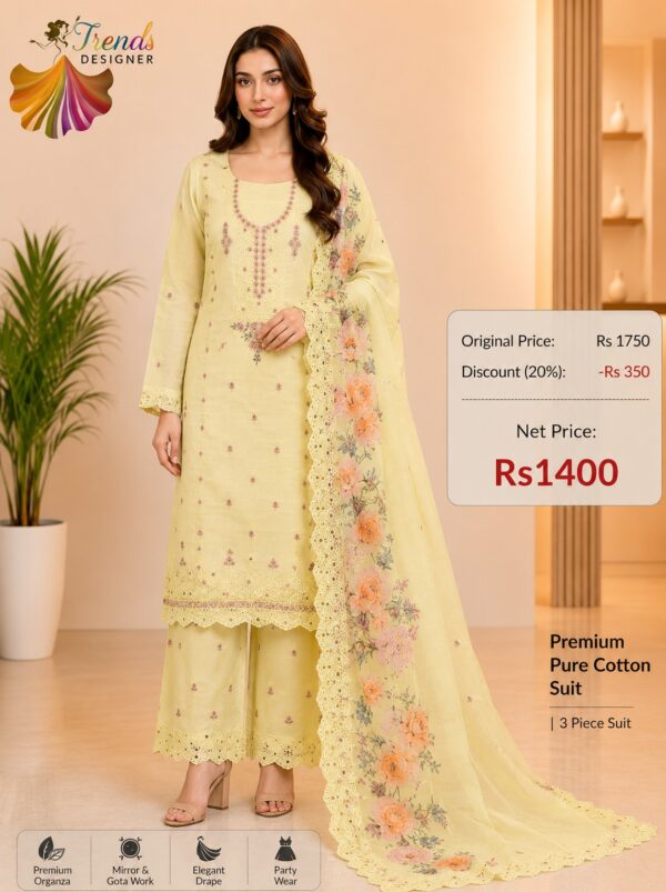 Light Yellow Pakistani Style Embroidered Cotton Dress with Embroidered Dupatta