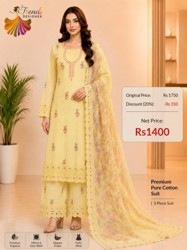 Mustard Yellow Pakistani Style Embroidered Cotton Dress with Embroidered Dupatta