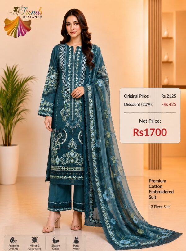 Teal Green Pure Cotton Self Embroidered Suit Set with Kota Printed Embroidered Dupatta