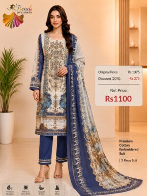 Aqua Blue Cotton Embroidered Suit Set with Digital Cotton Dupatta
