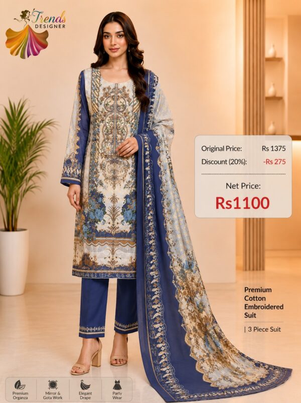 Aqua Blue Cotton Embroidered Suit Set with Digital Cotton Dupatta