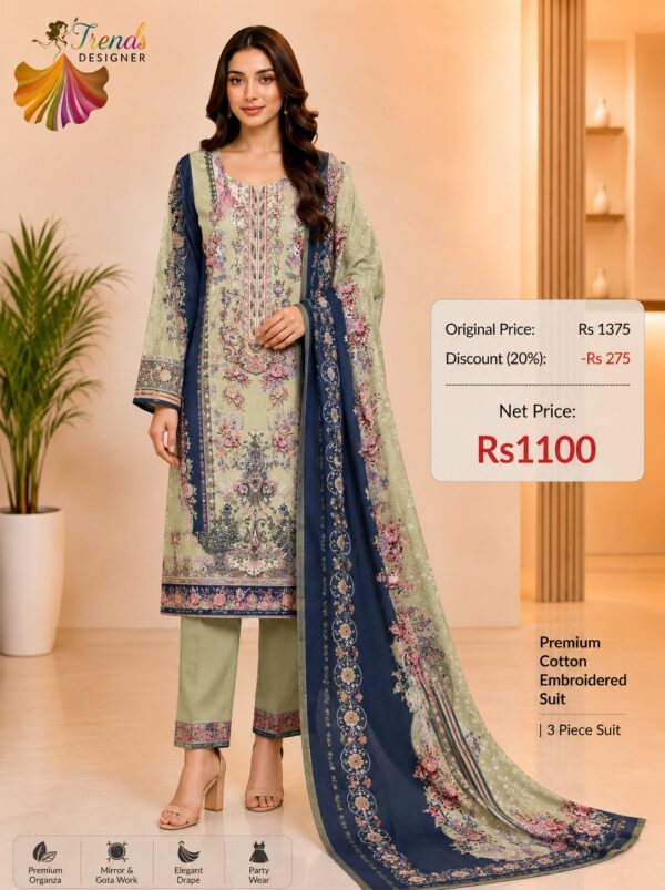 Green and Navy Blue Cotton Embroidered Suit Set with Digital Cotton Dupatta