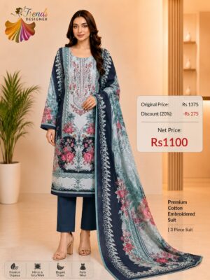 Teal Blue Cotton Embroidered Suit Set with Digital Cotton Dupatta