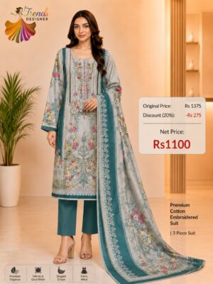 Grey and Teal Cotton Embroidered Suit Set with Digital Cotton Dupatta