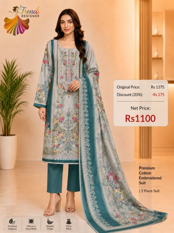 Grey and Teal Cotton Embroidered Suit Set with Digital Cotton Dupatta