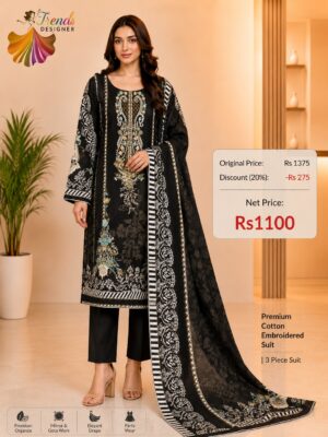 Black  Cotton Embroidered Suit Set with Digital Cotton Dupatta