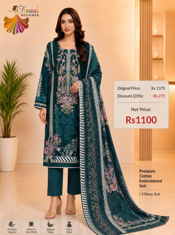 Teal Green Cotton Embroidered Suit Set with Digital Cotton Dupatta