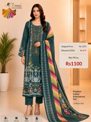Teal Green Cotton Embroidered Suit Set with Digital Cotton Dupatta