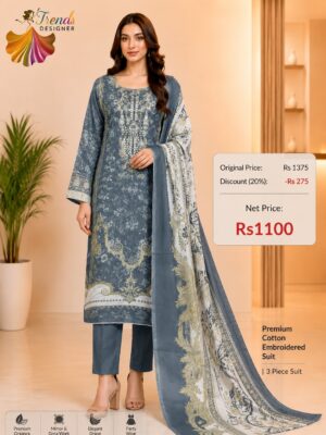 Grey Cotton Embroidered Suit Set with Digital Cotton Dupatta