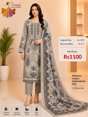 Grey Cotton Embroidered Suit Set with Digital Cotton Dupatta