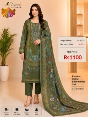Green Cotton Embroidered Suit Set with Digital Cotton Dupatta