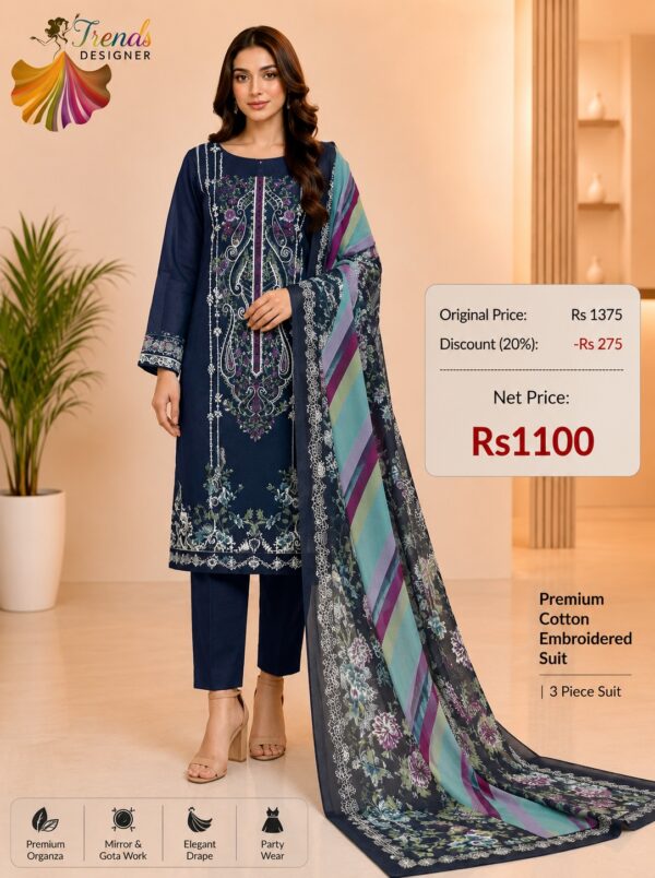 Navy Blue Cotton Embroidered Suit Set with Digital Cotton Dupatta
