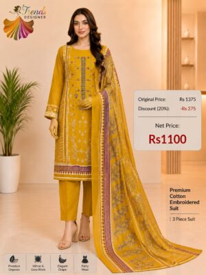 Yellow  Cotton Embroidered Suit Set with Digital Cotton Dupatta