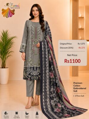 Grey  Cotton Embroidered Suit Set with Digital Cotton Dupatta