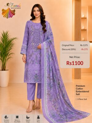 Purple Cotton Embroidered Suit Set with Digital Cotton Dupatta