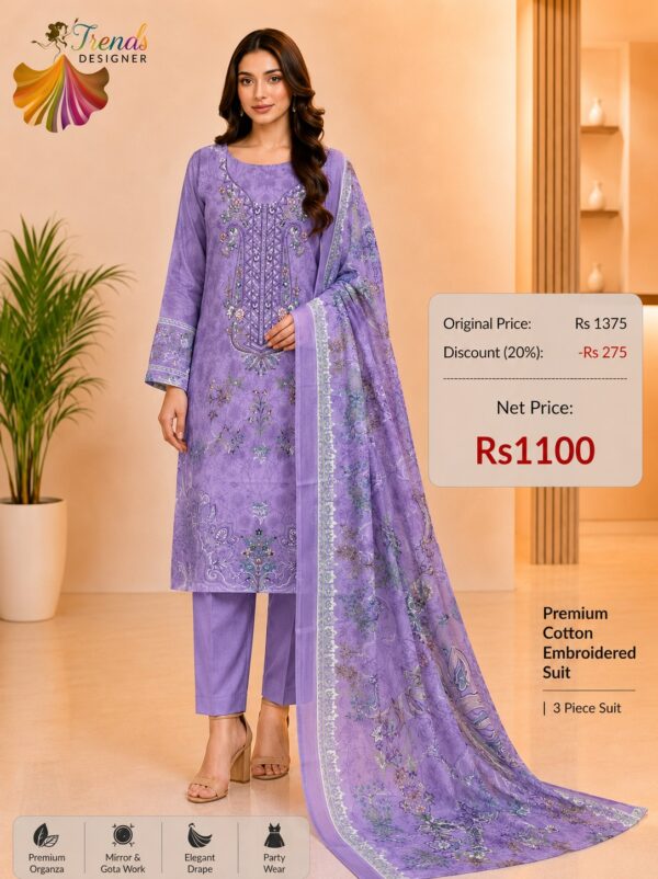 Purple Cotton Embroidered Suit Set with Digital Cotton Dupatta