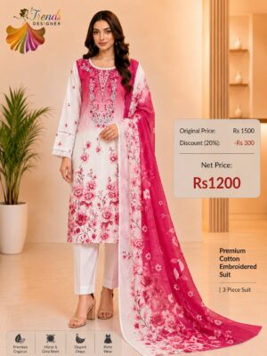 Hot Pink with OFF- White Readymade Printed Cotton Suit Set with Cotton Dupatta
