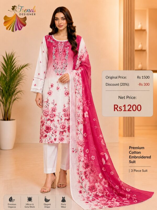 Hot Pink with OFF- White Readymade Printed Cotton Suit Set with Cotton Dupatta