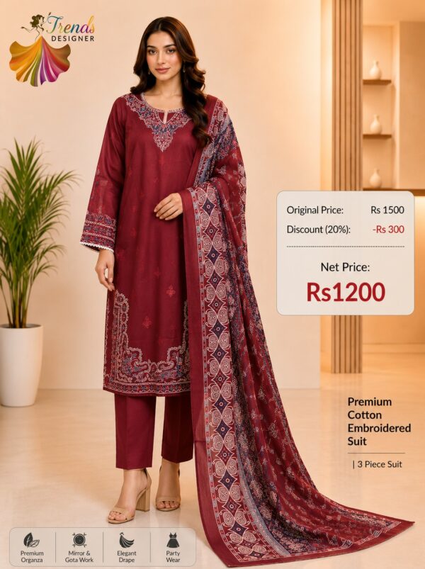 Maroon Readymade Printed Cotton Suit Set with Cotton Dupatta