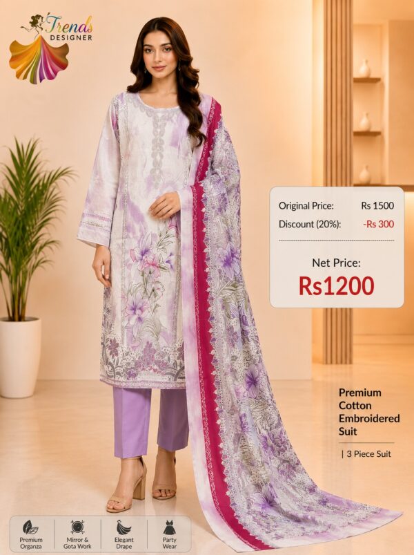 Light Purple Readymade Printed Cotton Suit Set with Cotton Dupatta