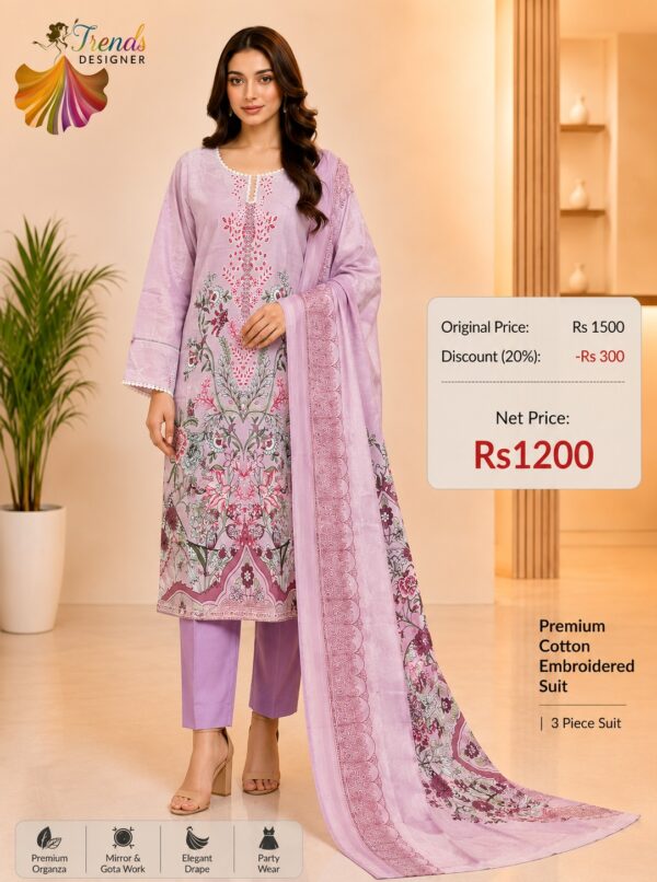 Purple Readymade Printed Cotton Suit Set with Cotton Dupatta